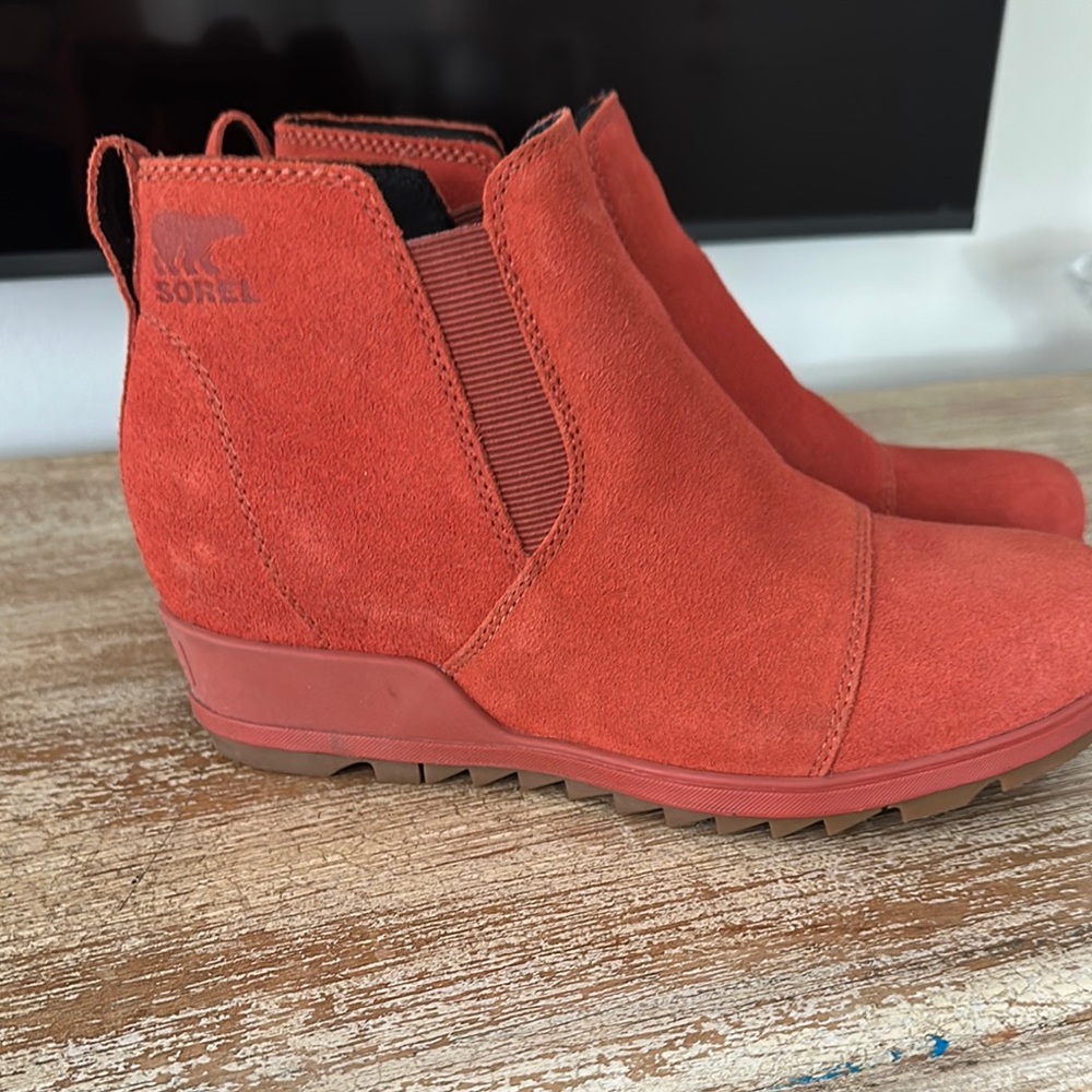Sorel Red Ankle Boots with Low Wedge Heel